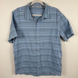 Travis Mathew Mens Blue Striped Short Sleeve Button Up Shirt Size Large L Golf